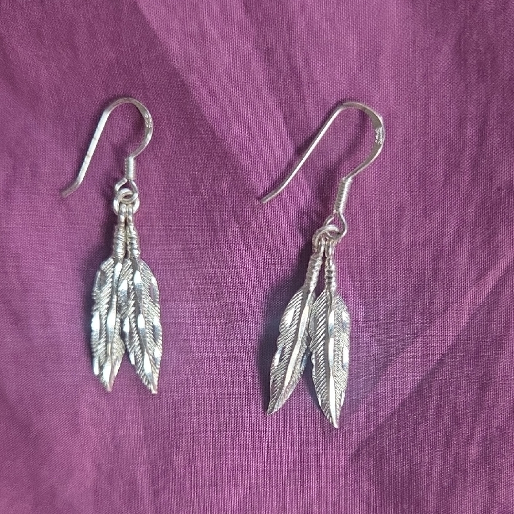 Vintage Sterling Silver Feather Wire Drop Earrings